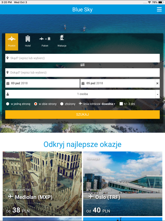 Blue Sky - przeloty i hotele iPad screenshot 1 - Travel app