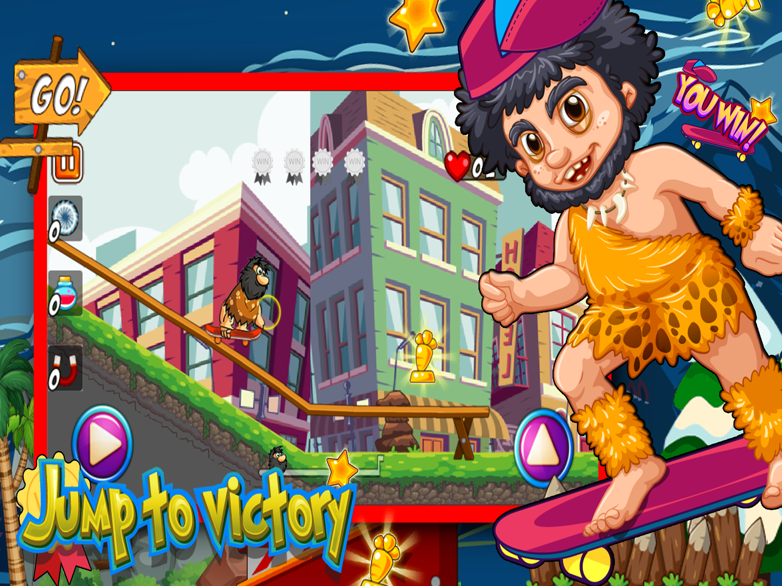 Caveman Skater Go - Jump and collect coin to win.