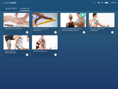 FISIOWARM 7.0 - Las secciones "Quick Start" y "Advanced" presentan una extensa biblioteca de protocolos, visualmente categorizados con imágenes descriptivas para condiciones como "Functional recovery after knee injuries" y "Neurodynamics (intro)".