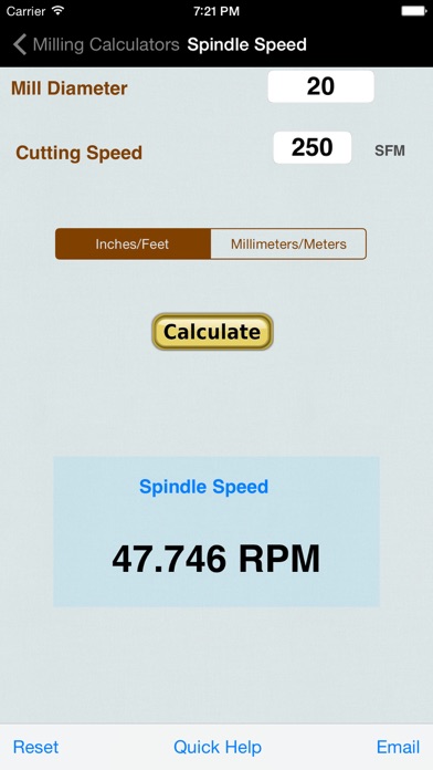 Milling & Machining calculator: Spindle & Cutting Speed, Chip Load per Tooth, Feed / Revolution & Rate, Material Removal Screenshot 2