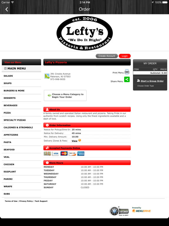 Lefty's Restaurant & Pizzeria iPad screenshot 3 - Food & Drink app