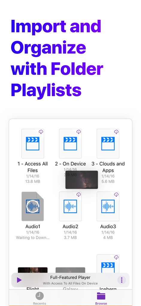 Nota - Player for Files - Observe how the app facilitates robust file management through visually intuitive folder playlists and clear indicators for local and cloud-stored audio files.