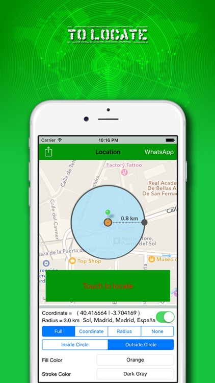Mobile Locator for WhatsApp, coordinates of the location to send to your contacts