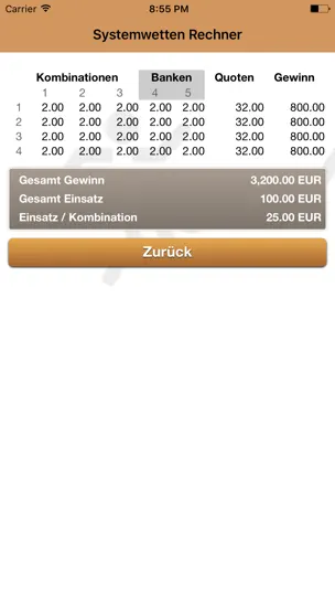 Screenshot von Systemwetten Rechner Der Wettbasis auf dem iPhone 3