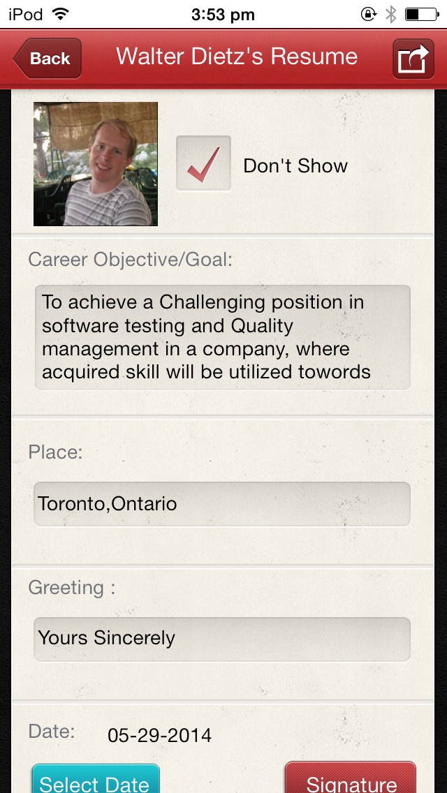 Resume * Screenshot on iOS