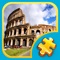 Solve colorful graphic puzzles using classically shaped jigsaw puzzle pieces with Seven Wonders Puzzles