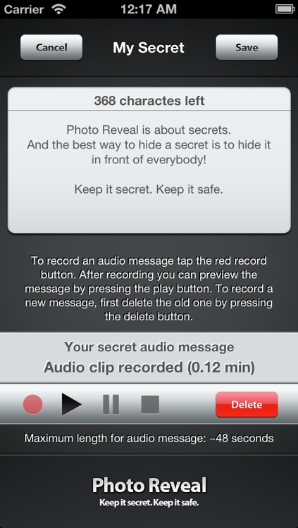 Photo Reveal - Encrypted secret text and audio messages hidden in images