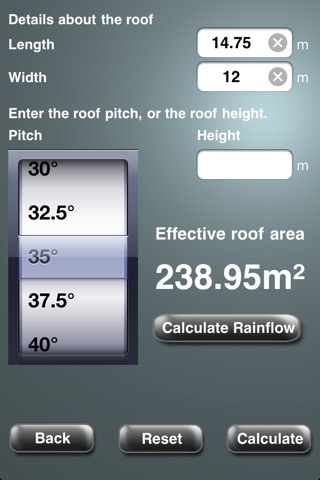 Roof area rainflow gutter calc screenshot 4