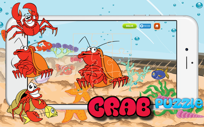 Crab Sea World Animal Jigsaw Puzzle Activity Learning Free Kids Games or 3456 and 7 Years Old