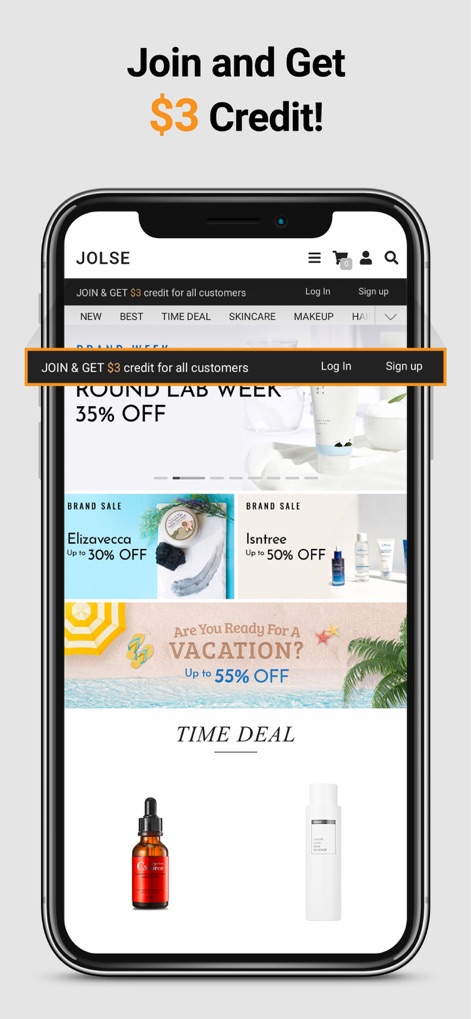JOLSE - The platform encourages new user engagement by prominently featuring a '$3 Credit!' welcome bonus and streamlined 'Log in' and 'Sign up' prompts.