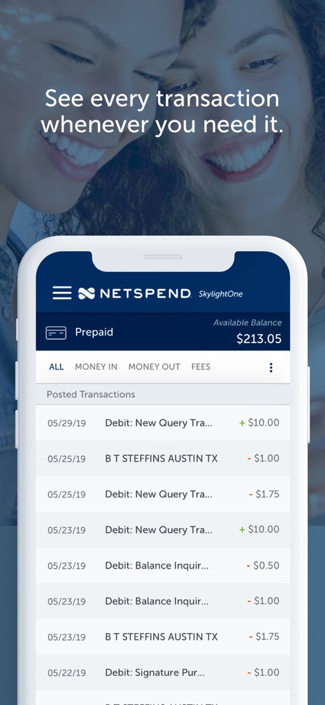 Netspend Skylight ONE - The app provides a clear overview of the "Available Balance" and a detailed list of "Posted Transactions" for comprehensive financial tracking.
