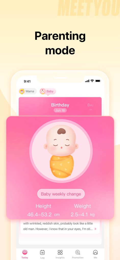 MeetYou - Period Tracker - No modo parental, os usuários encontram uma 'ilustração carinhosa do bebê' e 'informações sobre o peso e altura do recém-nascido', facilitando o acompanhamento do desenvolvimento.