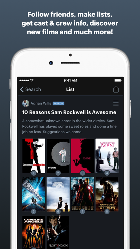 Letterboxd App Store screenshot 5, headline “Follow friends, make lists, get cast & crew info, discover new films and much more!”. Exclaims.