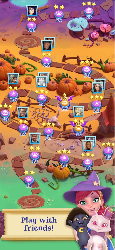 Bubble Witch 2 Saga - Track your adventure progress on the expansive world map, observing star ratings for each level and connecting with friends' avatars for competitive fun.