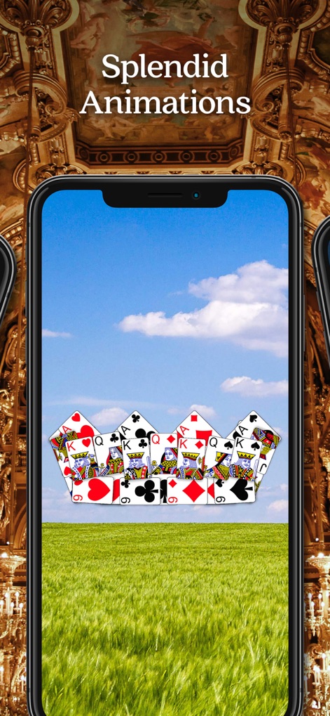 Crown Solitaire: Card Game - Admire the creative card arrangement forming a crown and the vibrant natural background of sky and grass.