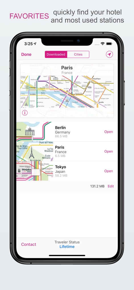 City Rail Map - Travel Offline - 사용자는 자주 방문하는 도시들을 즐겨찾기에 추가하여 빠르게 접근할 수 있습니다. 파리, 베를린, 도쿄와 같은 다운로드된 도시 목록과 각 도시의 미리보기 지도가 표시됩니다.