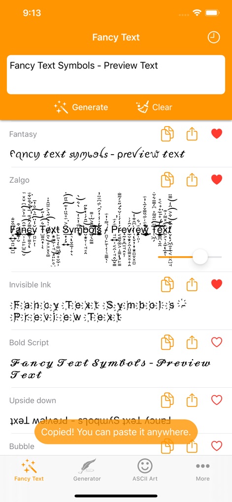 Fancy Text Symbols - 'Zalgo' 효과와 '거꾸로 뒤집힌 텍스트'와 같은 혁신적인 변환 옵션이 제공되며, 복사 완료 메시지를 통해 사용 편의성을 강조합니다.