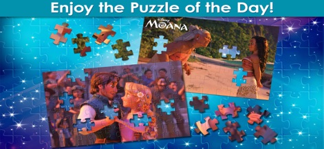 Disney Jigsaw Puzzles! - このスクリーンショットでは、日替わりで楽しめるパズルとして「モアナと伝説の海」や「塔の上のラプンツェル」の印象的な場面が複数紹介されており、未完成のパズルピースがゲームプレイへの期待感を高めています。