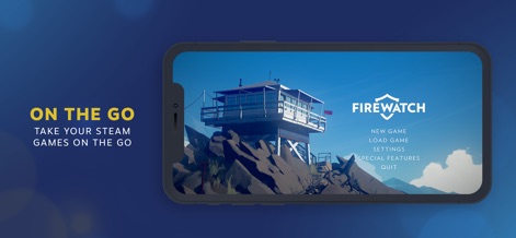 Steam Link - La imagen muestra la pantalla de inicio del juego "Firewatch" a pantalla completa, con opciones de menú como "New Game" y "Load Game" integradas en la interfaz de usuario.