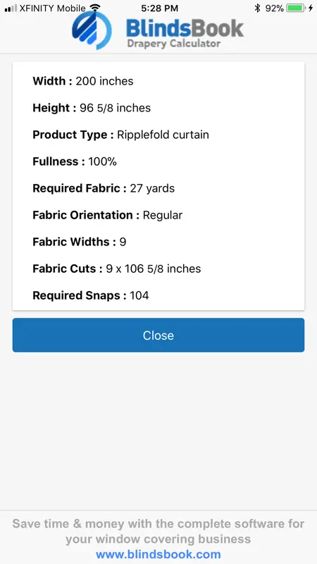 BlindsBook Drapery Calculator screenshot 3 of 3