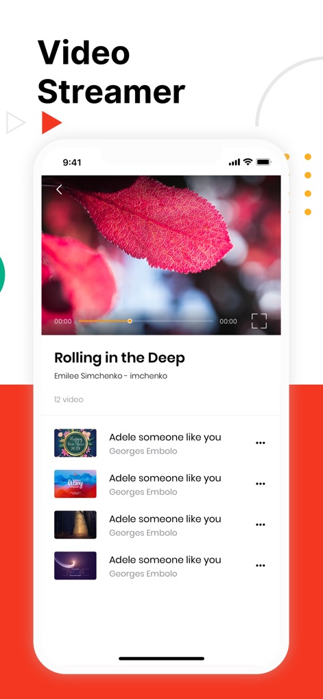 Chromecaster: Get Streaming TV - 사용자는 이 앱의 '비디오 스트리머' 인터페이스를 통해 원하는 비디오를 재생할 수 있으며, '관련 비디오 목록'을 탐색하여 다음 시청할 콘텐츠를 쉽게 찾을 수 있습니다.