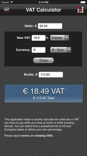 Capture d'écran de VAT Calculator sur iPhone 3