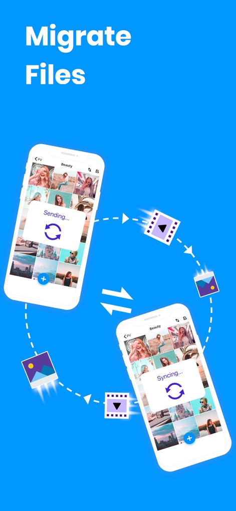 PV - Secret Photo Album - This tool facilitates easy file transfer between devices, shown with clear syncing animations for photos and videos.