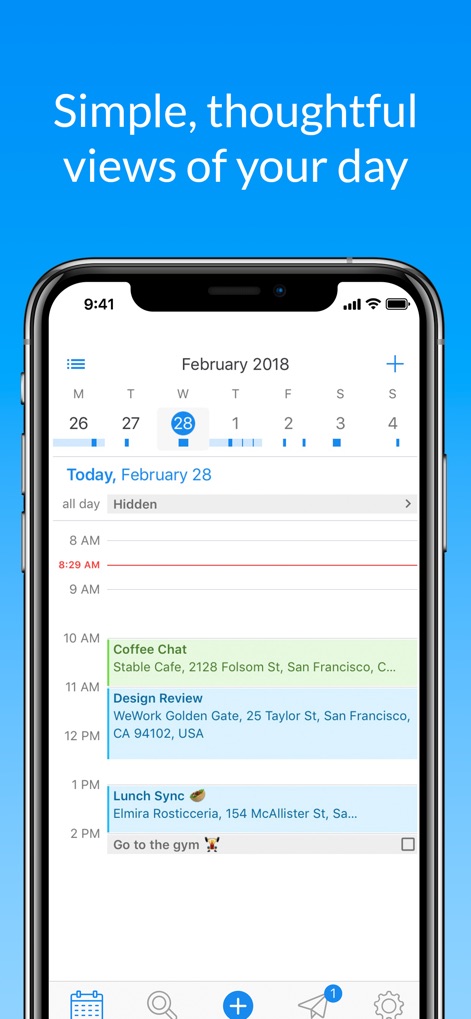 Calendar · - This app provides intuitive daily views, clearly displaying upcoming events like 'Coffee Chat' and 'Design Review' alongside the current date.