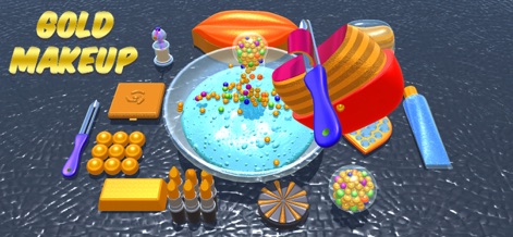 Makeup Slime Game! Relaxation - Witness the opulent 'Gold Makeup' theme in action, showcasing a vivid blue slime embellished with playful colorful beads and shimmering gold lipsticks and eyeshadows for a luxurious effect.