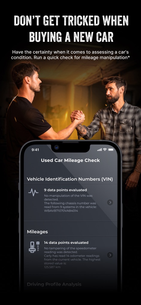 Carly — OBD2 car scanner - Perform thorough used car inspections with features like 'Vehicle Identification Numbers (VIN)' evaluation and detailed 'Mileages' data point checks to detect manipulation.