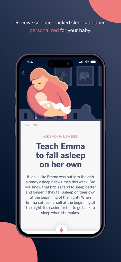 Nanit - Access tailored, science-backed guidance, exemplified by advice like 'Teach Emma to fall asleep on her own', designed to optimize the baby's sleep patterns.