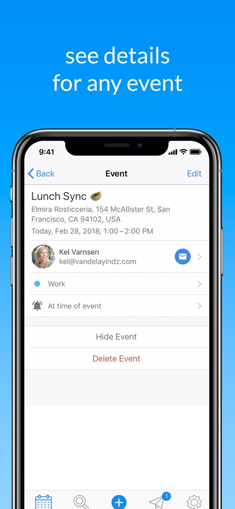 Calendar · - This tool offers a comprehensive overview of event details, including the specific time and location, along with options to 'Hide Event' or 'Delete Event'.
