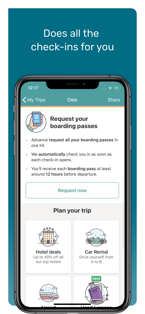 Travellink - Flights, Hotels - La aplicación simplifica la experiencia de viaje, permitiendo a los usuarios solicitar sus tarjetas de embarque y ofreciendo un check-in automático para una gestión sin preocupaciones del itinerario.