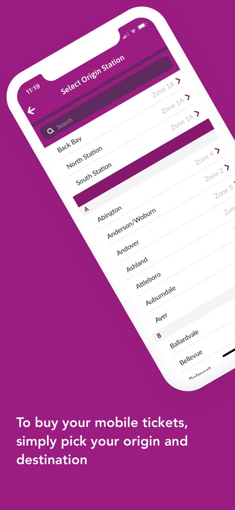 MBTA mTicket - This screen demonstrates the simple process for selecting your origin station, complete with a convenient search bar and an organized alphabetical list of destinations.