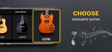 Real Guitar : Chords & Tabs - Les utilisateurs peuvent facilement explorer les différents types de guitares disponibles, avec la guitare électrique mise en évidence dans le menu de sélection pour un choix rapide.