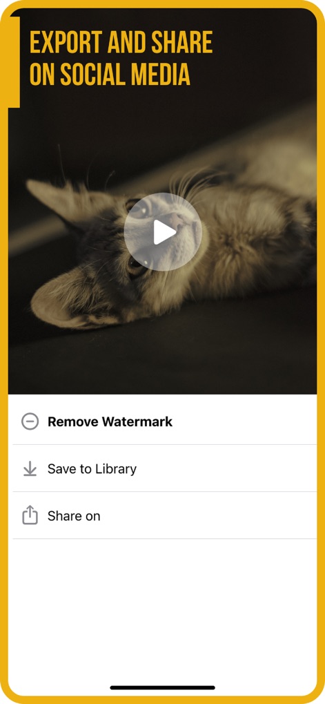 Add Music to Video :cut editor - Após a edição, os usuários podem exportar o vídeo, salvá-lo na galeria e compartilhá-lo facilmente nas redes sociais, com a opção de 'Remover Marca D'água'.
