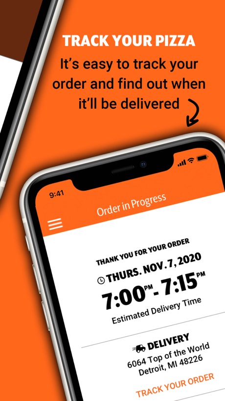 Little Caesars Pizza App Store screenshot 2, headline “TRACK YOUR PIZZA”. Headline in capitals.