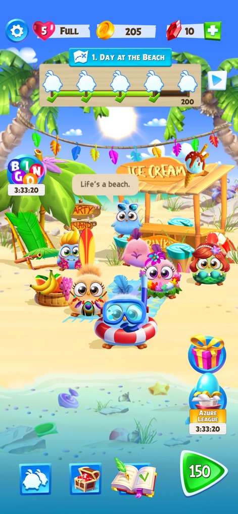 Angry Birds Hatchlings - Explore the vibrant main hub where users can see their collected Hatchlings and track their progress through the "Day at the Beach" challenges.
