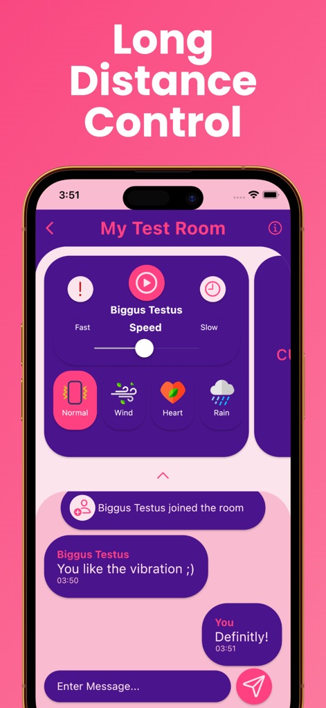Strong Vibration - This tool enables unique 'Long Distance Control' experiences, allowing users to send vibration patterns within a 'My Test Room' chat environment.