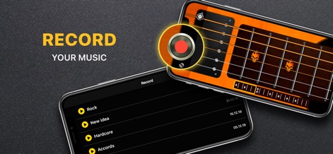 Real Guitar : Chords & Tabs - La fonctionnalité d'enregistrement est mise en avant par le bouton d'enregistrement distinctif et la liste organisée des pistes, permettant une gestion efficace de vos créations musicales.