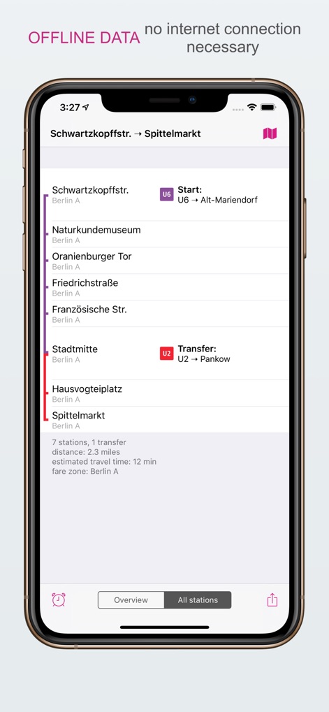 City Rail Map - Travel Offline - 인터넷 연결 없이도, 이 앱은 Schwartzkopffstr.에서 Spittelmarkt까지의 경로에 대한 모든 세부 정보를 제공합니다. 여기에는 7개 역, 1회 환승 정보와 함께 2.3마일의 거리 및 12분 예상 소요 시간이 포함됩니다.