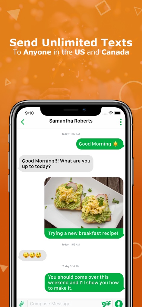 Nextplus: Private Phone Number - See how the app facilitates free communication with clear message bubbles and the ability to send embedded images directly within chats.