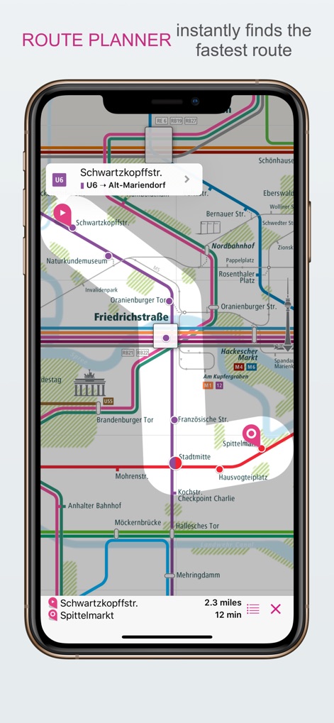 City Rail Map - Travel Offline - 이 앱은 사용자의 출발지와 목적지를 기반으로 베를린의 지하철 노선도를 통해 가장 빠른 경로를 즉시 찾아줍니다. 시각적으로 강조된 경로와 12분 이동 시간을 통해 효율적인 이동 계획을 지원합니다.