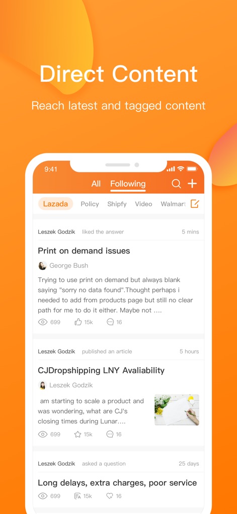 CJdropshipping - 이 플랫폼은 최신 콘텐츠 피드를 제공하여, 사용자는 관련 주제에 대한 게시물을 탐색하고 '팔로잉' 탭을 통해 개인화된 정보를 얻을 수 있습니다.