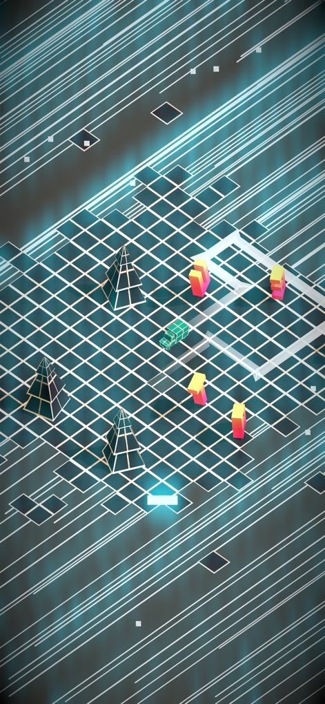 PAKO Forever - Esta captura revela un mapa con un distintivo estilo futurista de cuadrícula iluminada, donde los jugadores navegan entre complejos elementos geométricos, incluyendo pirámides y cubos.