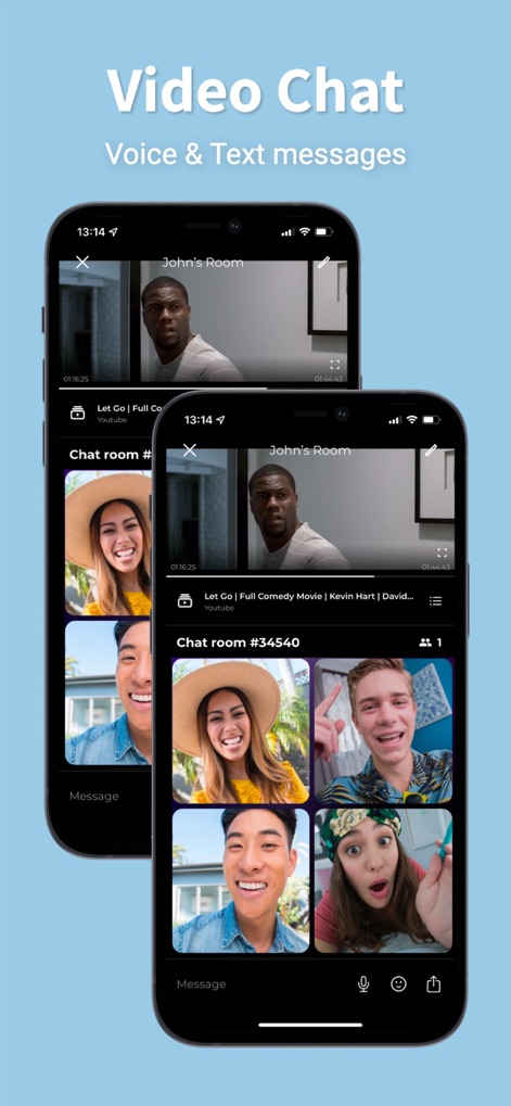 Watch party together: WEVER - Esta visualización destaca la capacidad de la aplicación para integrar chats de video en tiempo real, donde los usuarios pueden ver el contenido principal y participar activamente con los feeds de video de los demás.
