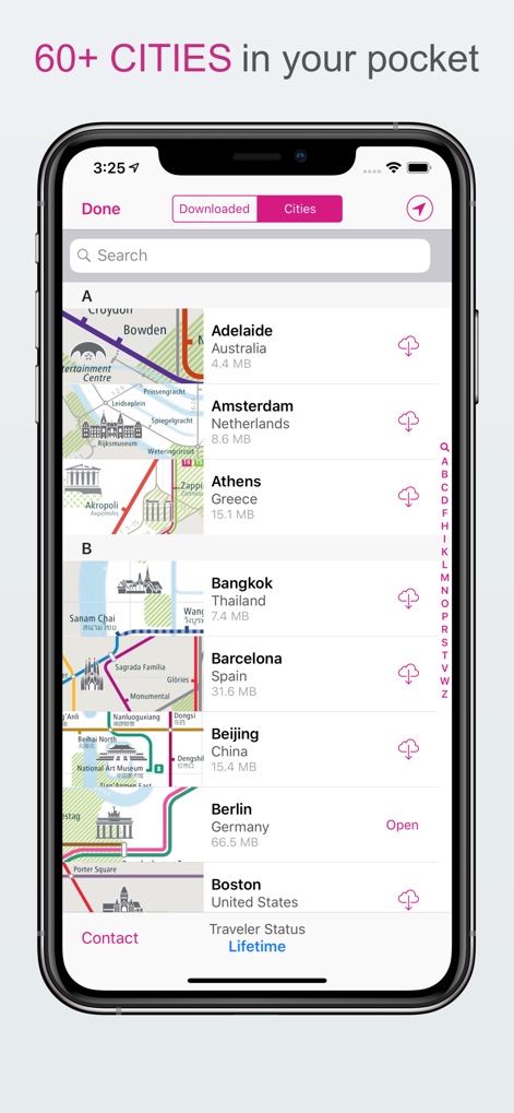 City Rail Map - Travel Offline - 이 화면은 전 세계 60개 이상의 도시 목록을 제공하여, 사용자가 필요한 지도를 다운로드하거나 이미 다운로드된 지도를 열 수 있도록 합니다. 각 도시의 파일 크기와 다운로드 상태가 명확하게 표시됩니다.