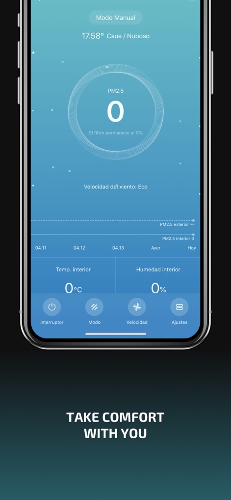 Cecotec - The app provides detailed environmental insights, showing PM2.5 levels and offering quick access to device settings like the power switch and mode selection.