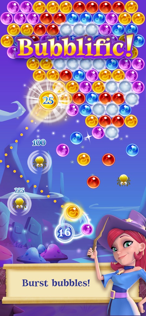 Bubble Witch 2 Saga - See Stella cast her spell to clear vibrant bubble clusters, earning points from mischievous spiders that appear.