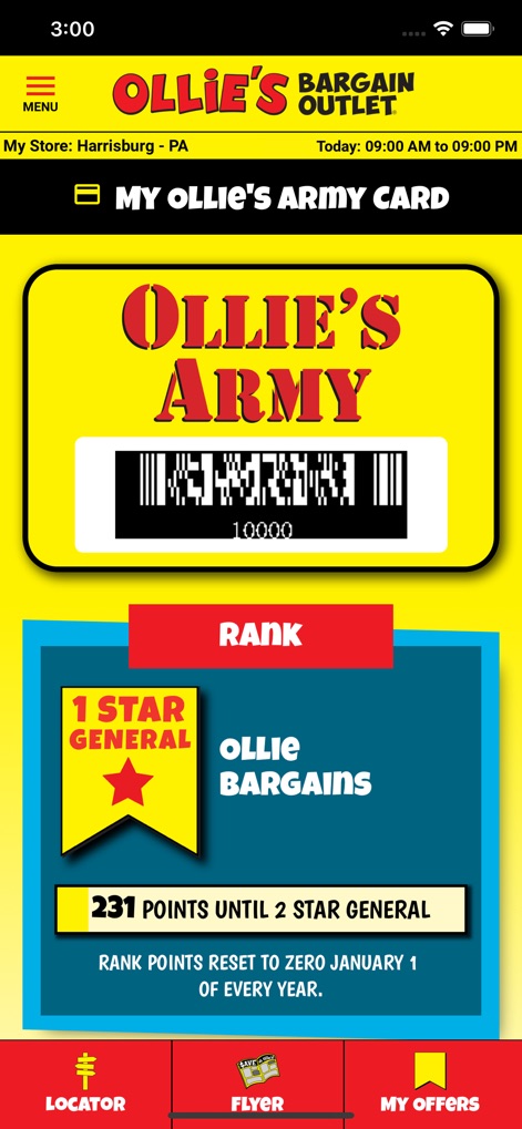 Ollie's Bargain Outlet, Inc - This tool centralizes loyalty program features, displaying the user's scannable Ollie's Army Card and their current '1 Star General' rank with associated points status.
